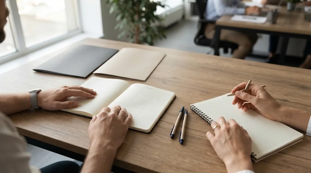 Планинг и блокнот для протокола встречи на столе